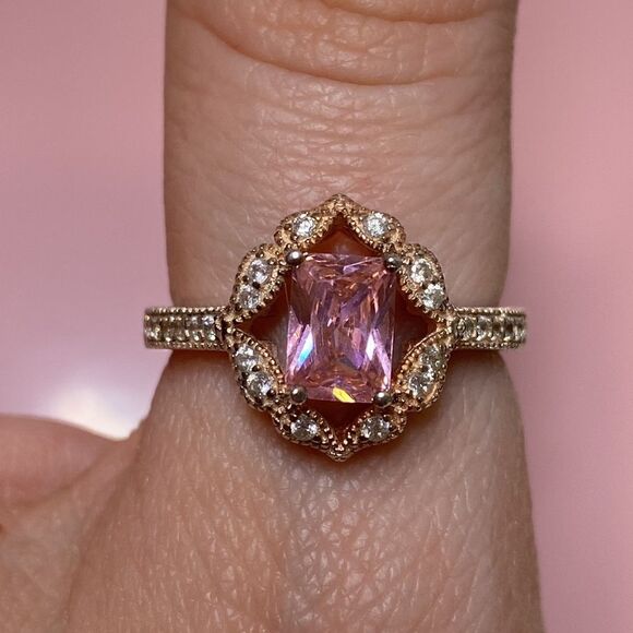 💛 Art Deco 925 Rose Gold Vermeil Created Pink Topaz & CZ Ring - Picture 5 of 5